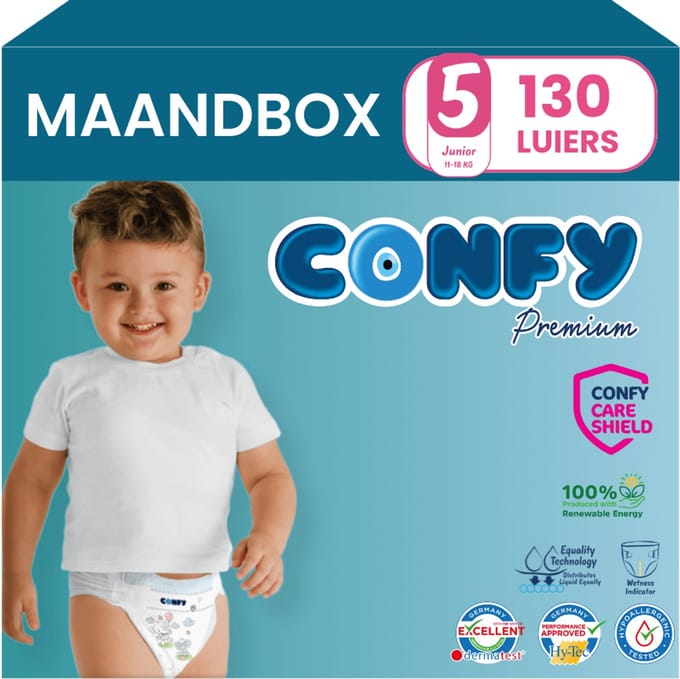 Confy Premium - Luiers Maat 5 (11-18kg) - 130 Luiers - Maandbox