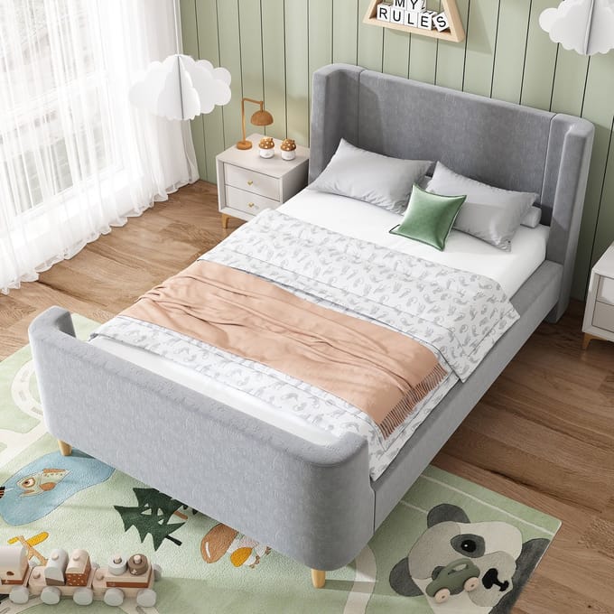 REDOM Bedframe 90x200 cm – Fluweel – Kosmische print – Lattenbodem – Grijs – 150 kg