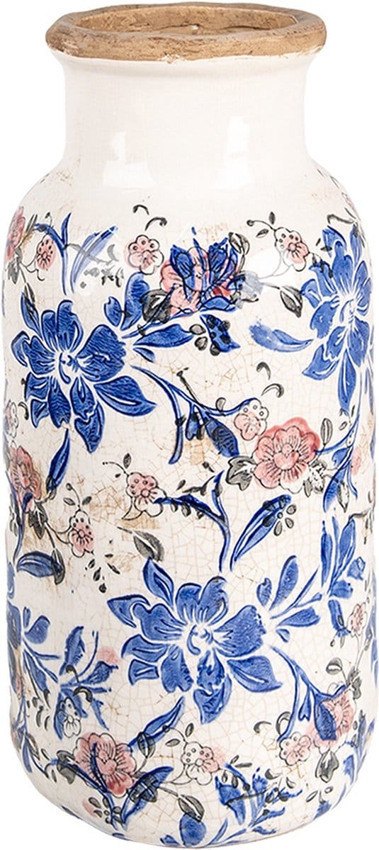 Clayre & Eef Vaas Ø 15x32 cm Beige Blauw Keramiek Bloemen