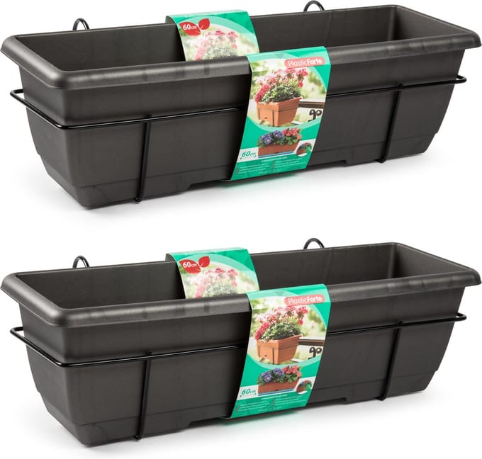 PlasticForte Balkonbak - 4x - antraciet - 60 cm - plantenbak met hanger - bloembak
