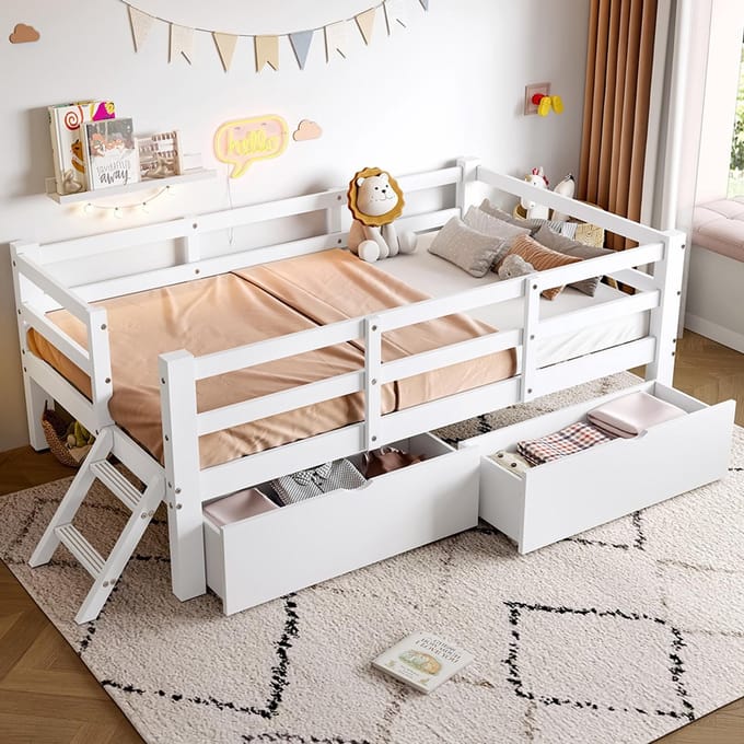 Pugsdrly Houten platformbed 90 x 200 met veiligheidshek en 2 lades, wit