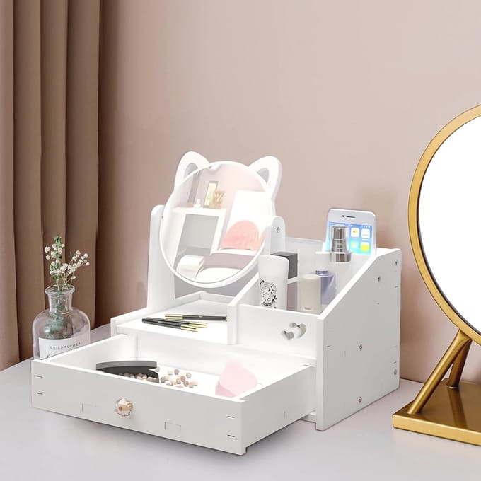 Make-uptafel Organizer met Spiegel en Lade - Cosmetica Organizer voor Slaapkamer, Badkamer en Commode