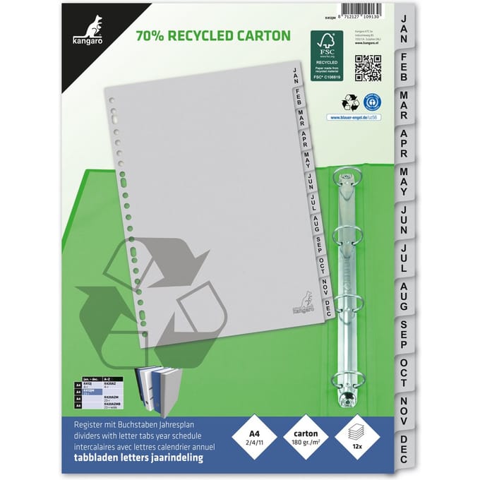 Kangaro tabbladen - A4 - maanden 12-delig - ECO karton 180 grams - 23-gaats