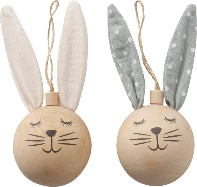 Decoratie hanger konijn hout met textiel oren 14 cm