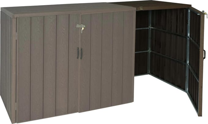 XL 1/2 WPC afvalbak deksel uitbreiding MCW-J28, premium afvalbak, metaal hout look ~ bruin