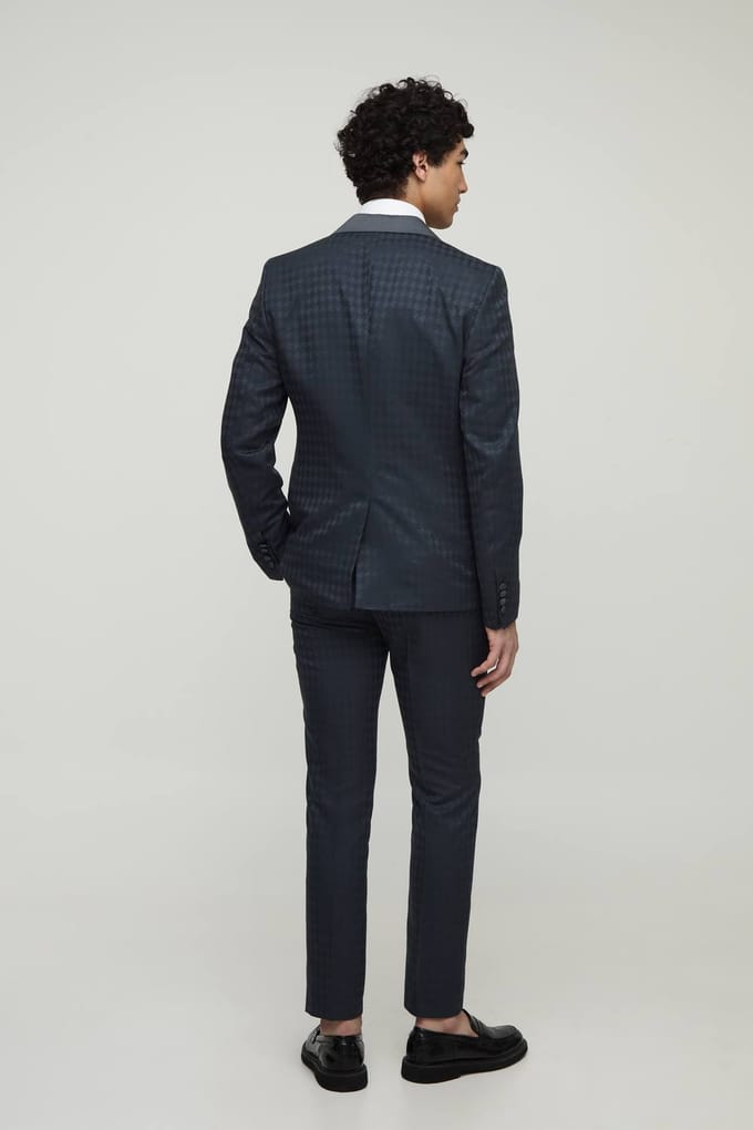 Skinny Tonal Houndstooth Single Breasted Jacket | Navy | Size 48