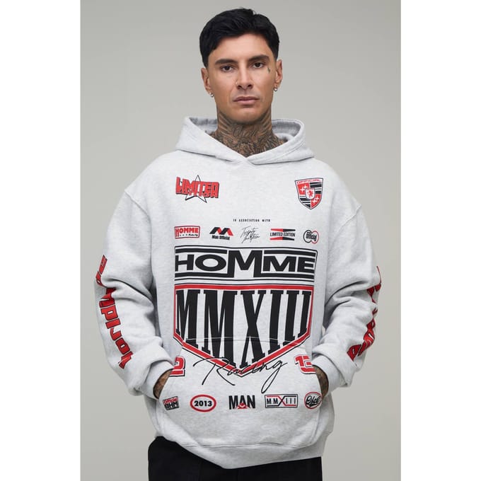 Lange Grijze Gemêleerde Oversized Hoodie Met Moto Crest Print | Grey Marl | Size Medium