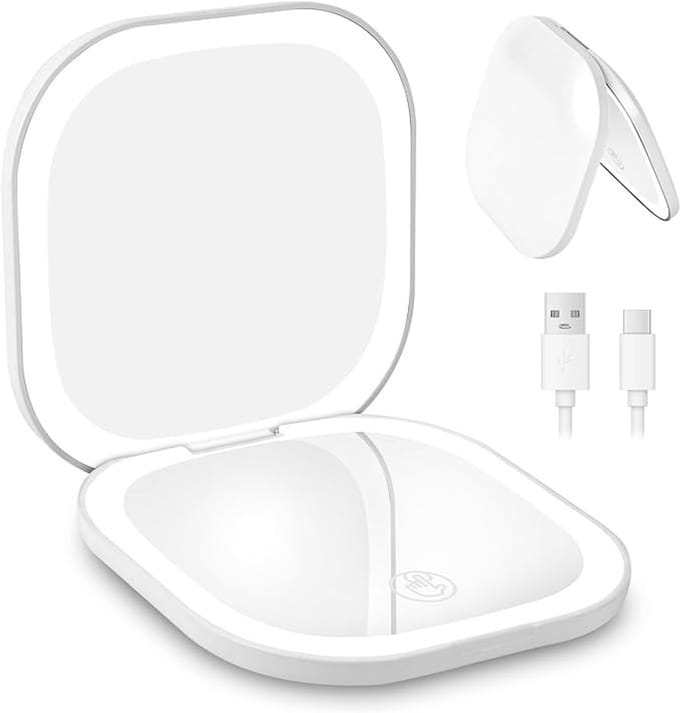 Draagbare make-upspiegel met LED-verlichting, 3 vergrotingsniveaus, instelbare helderheid, oplaadbaar via USB