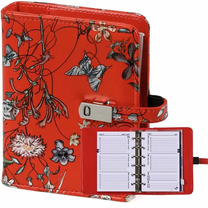 1311-04 hervulbare Pocket 6 Ringband Planner Zee van Bloemen Rood 1 week per 2 paginas 2026-2027-2028