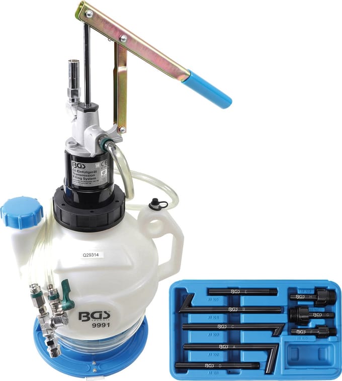 BGS Transmissieolie-vulapparaat met handpomp met terugloopsysteem met 8 adapters 7 l