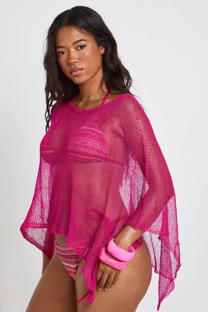 boohoo Dames Lichtgewicht Gehaakte Gebreide Cape | Roze | Maat: Large