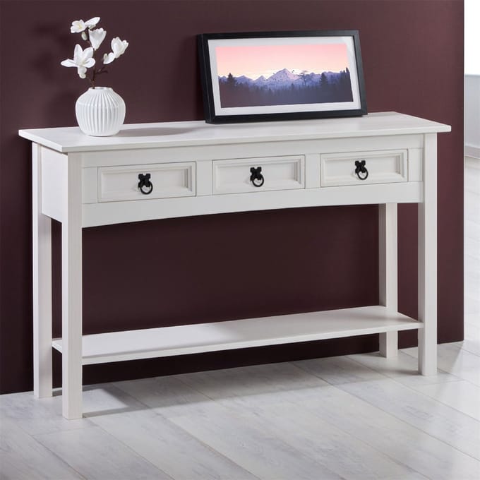 Console RURAL van massief wit grenenhout, met 3 lades, Mexico Meubels