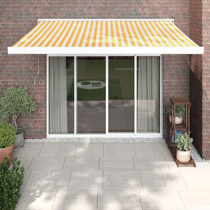 vidaXL - Uitschuifbare - luifel - Geel - en - Wit - met - Witte - Frame - 3,5 - x - 2,5 - m