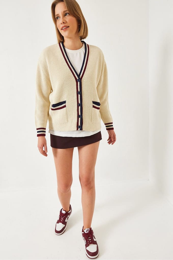 Gepatternde V-hals Ribgebreide Cardigan met Zakken