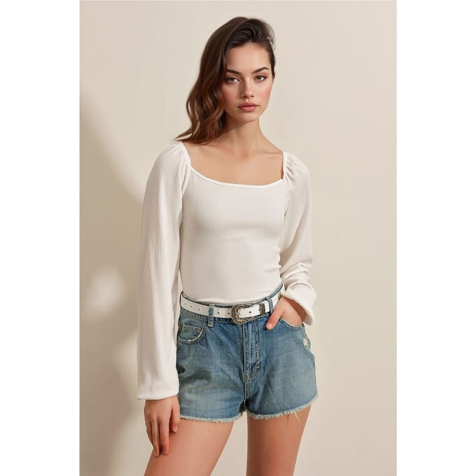 Aansluitende Textuur Blouse met Vierkante Kraag en Rimpeldetails