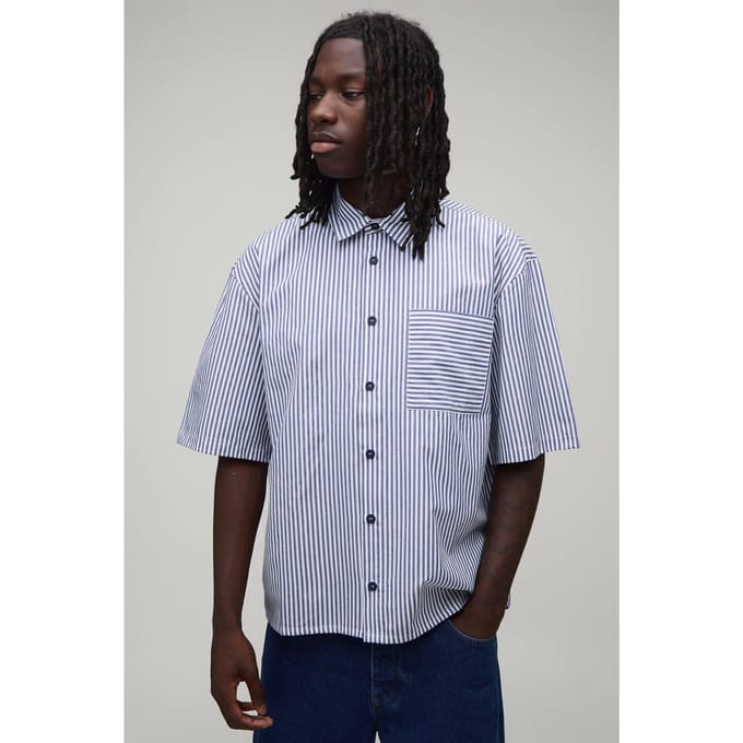 Oversized Halfmouw Gestreept Overhemd | Navy | Size XS