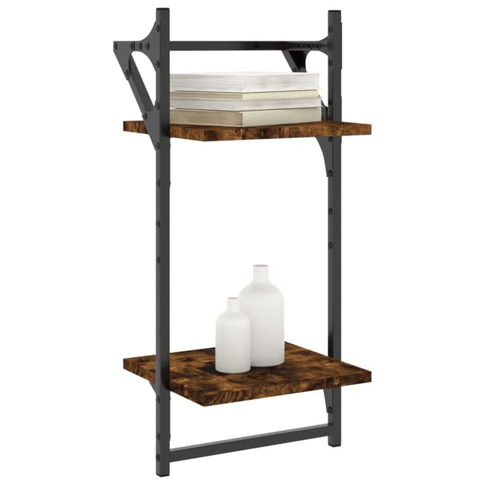 vidaXL - Wandschappen - 2-laags - met - stangen - 2 - st - 30x25x65 - cm - gerookt - eiken
