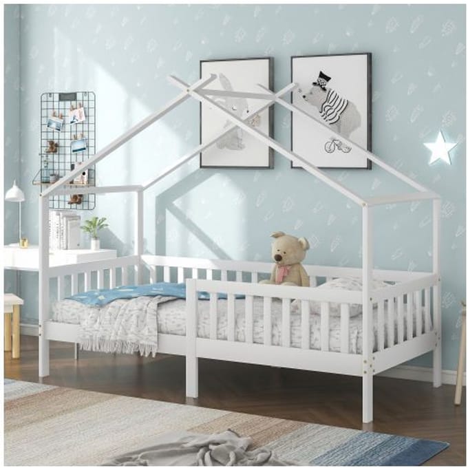 Lit enfant - MUVOE - Bois massif - 200x90 cm - Blanc - Garde-corps inclus blanc