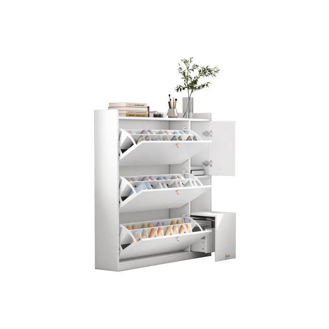 Meuble de rangement - MUVOE - Armoire à chaussures - Blanc - 3 tiroirs - Banc rabattable