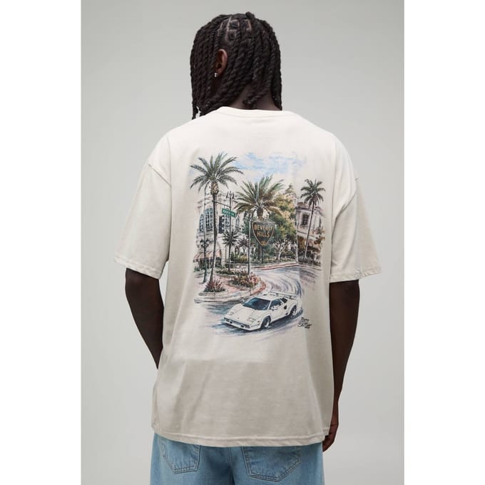 Steenkleurig Oversized T-shirt Met Palm Beverly Hills Print | Stone | Size Medium