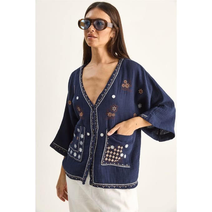 Geborduurd Katoenen Crêpe V-Hals Shirt