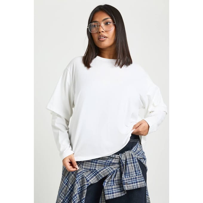 boohoo Dames Plus 2 in 1 Shirt met Lange Mouwen | Wit | Maat: 46