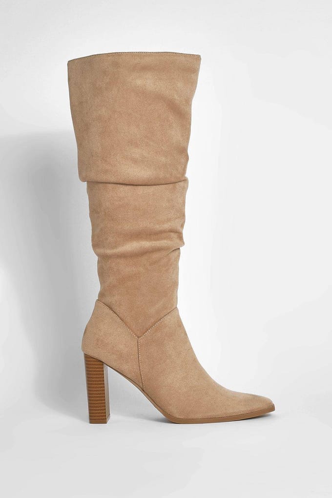 boohoo Dames Faux Suede Ruched Block Heel Knee High Boot | Taupe | Maat: 40
