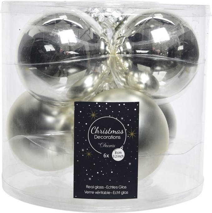 Decoris Kerstballen - 6x st - zilver - 8 cm - glas - glans en mat - glazen kerstboomversiering