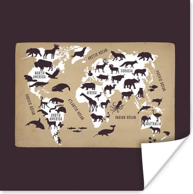Wereldkaart Kinderen - Wit - Bruin - 30x30 cm - Poster