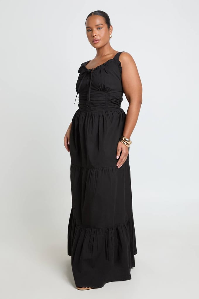boohoo Dames Plus Geplooid Poplin Maxi Jurk | Zwart | Maat: 46