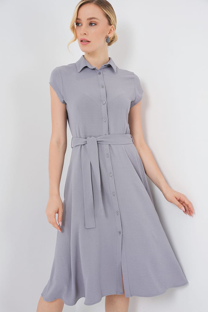 Gestreepte Midi-jurk met Knopsluiting en Binding Detail