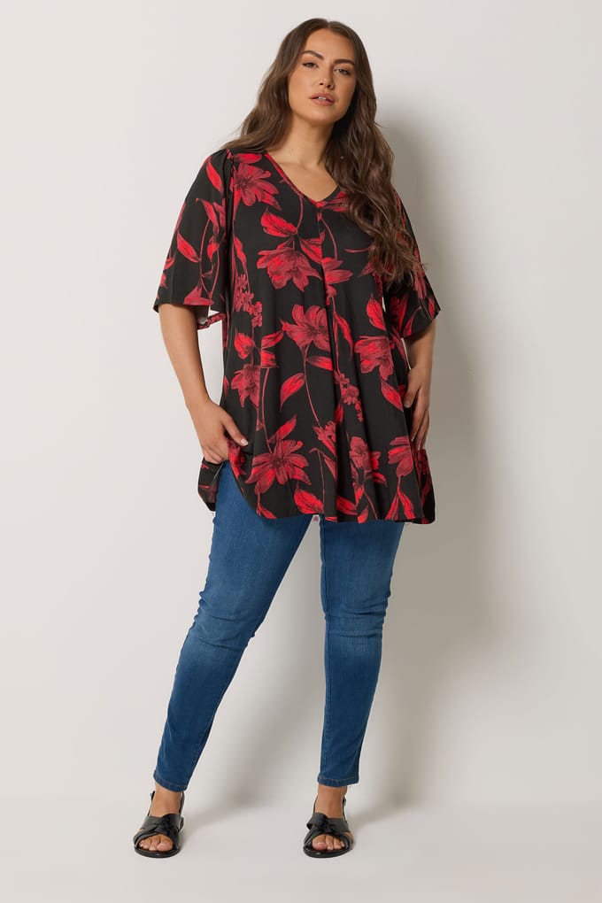 Yours Rode Geplooide Top Met Bloemenprint Aan De Voorkant Size 48