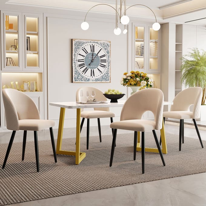 MODFU Eethoekset - 5-Delig - Met Fluwelen Stoelen En Verstelbare Stoelpoten - Modern - Voor Eetkamer - Beige - 117 X 68 Cm