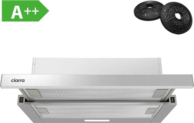 CIARRA CBCS6906D - Vlakscherm Afzuigkap - 60cm RVS – Inclusief set koolstoffilters - 370m3 – Energieklasse A++