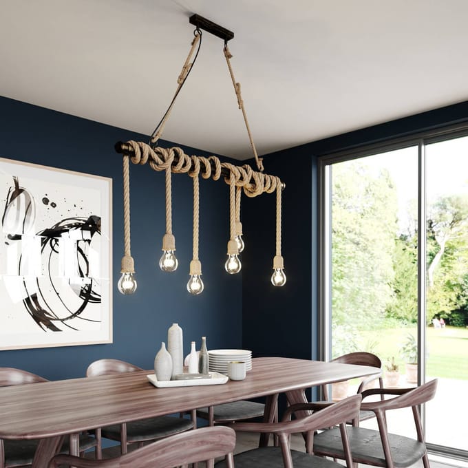 Lindby hanglamp Hajo, 100 cm, 6-lamps, touwpendel