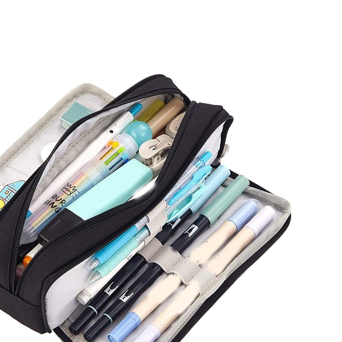 Trousse à crayons à 3 compartiments, grande capacité, double ouverture, toile souple, anti-poussière, fermeture éclair noir