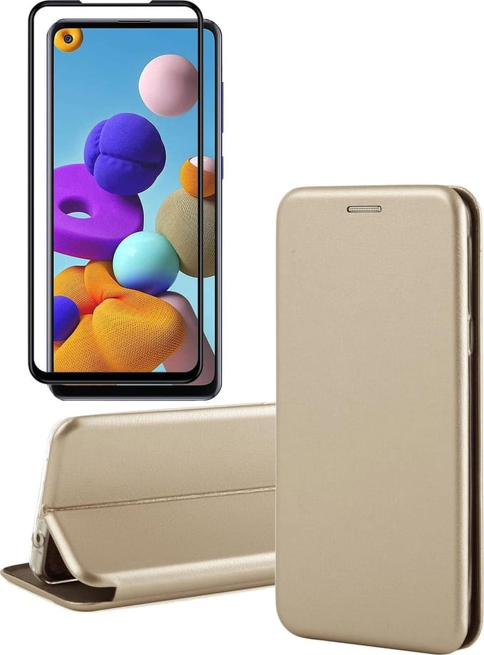 Hoesje geschikt voor Samsung Galaxy A21s - Screen Protector FullGuard - Book Case Kunstleer ThinShield Goud & Screenprotector
