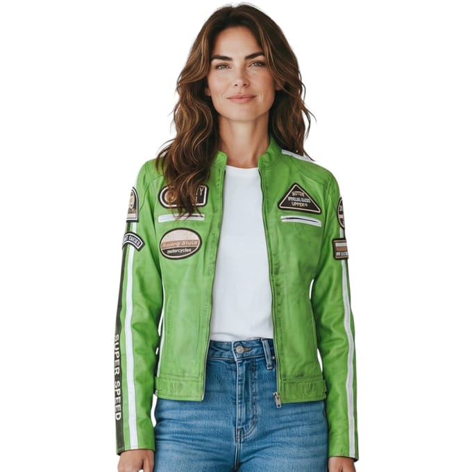 Dames Biker Racing Badges Groene Leren Jas-Incheon
