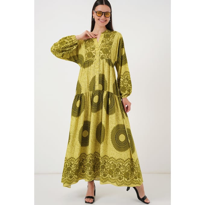 Geprinte V-hals Maxi-jurk met Knoopsluiting