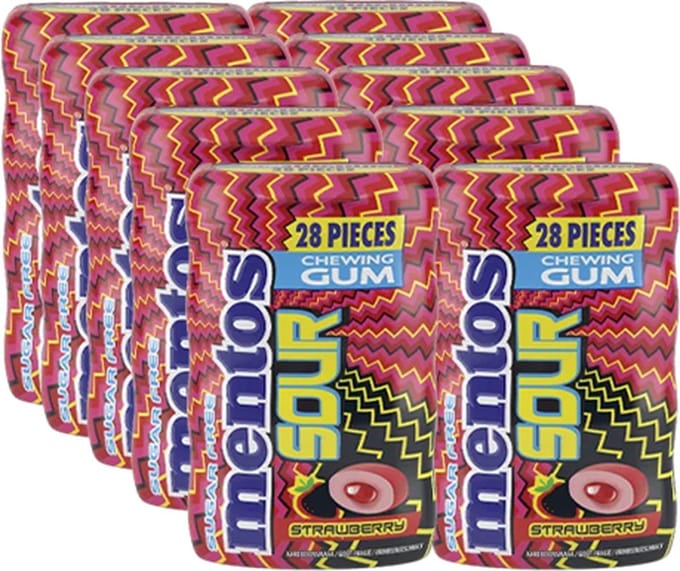 Mentos - Sour Gum Strawberry Suikervrij - 10x 28 stuks