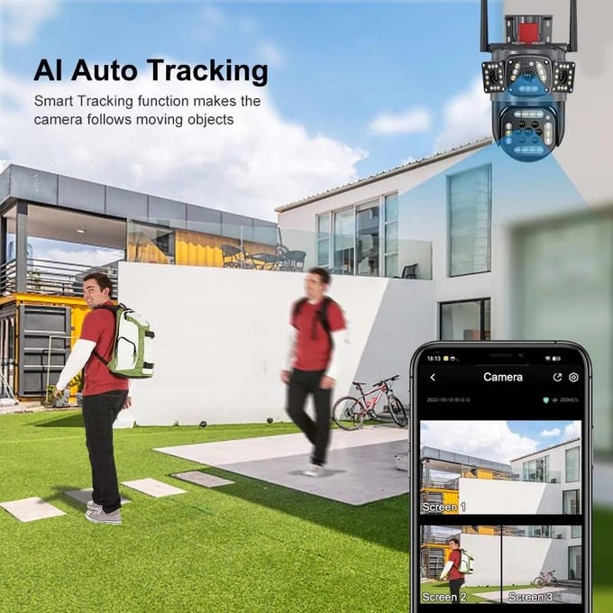 Buiten WiFi Camera Multi-Lens Drie Schermen AI Bewegingsdetectie IP Camera PTZ 360° Beeld Beveiliging Videobewaking 12MP 6K AU Plug