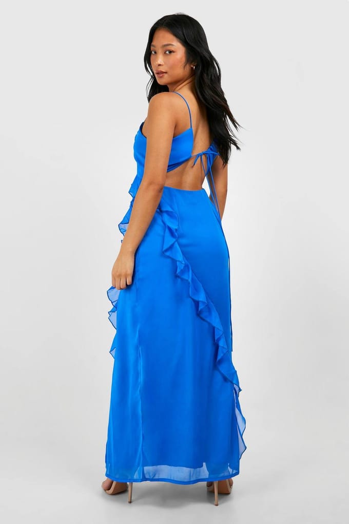 boohoo Dames Petite Chiffon Ruffle Maxi-jurk | Electric Blue | Maat: 36