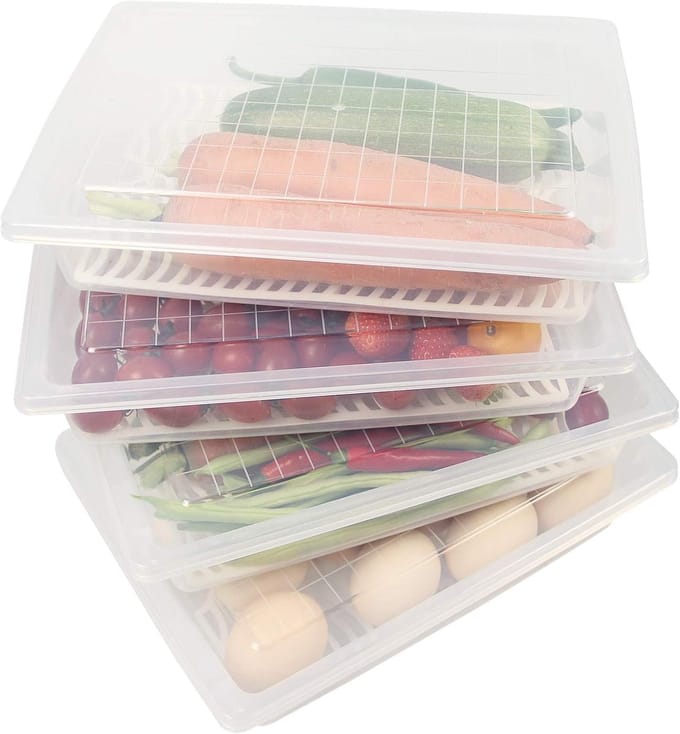 Voedselbewaarcontainers - Draagbare diepvriescontainers - Met uitneembaar lekbakje en deksel - Stapelbaar - Bak voor het bewaren van fruit, groenten, vlees, enz. - 4 stuks - Groot