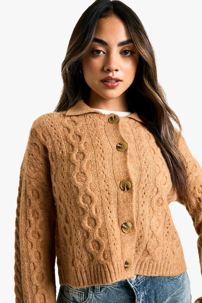 boohoo Dames Cable Knit Collaredetail Cardigan | Camel | Maat: Small
