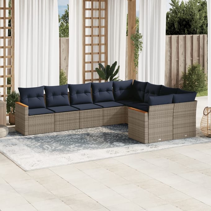 vidaXL - 9-delige - tuinbankset - met - kussens, - grijs - polyrotan