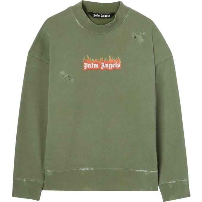 Palm Angels Burning Logo Crewneck Militair