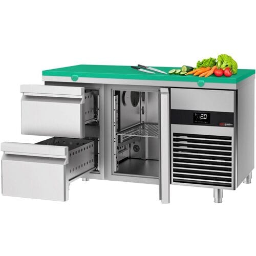GGM Gastro Kühltisch PREMIUM - 1400x700mm - mit 1 Tür - 2 Schubladen - inkl. Schneideplatte Grün