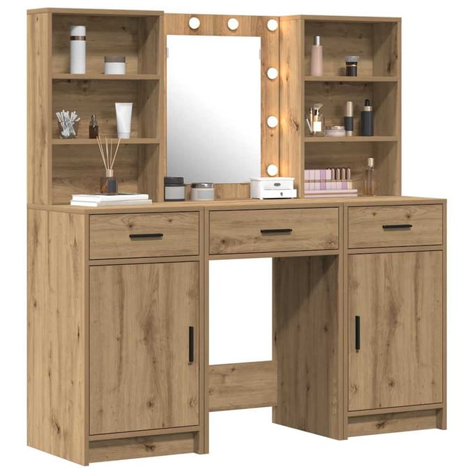 vidaXL - Dressing - tafel - set - met - LED - 3 - st - Artisan - Eiken - Bewerkt - hout