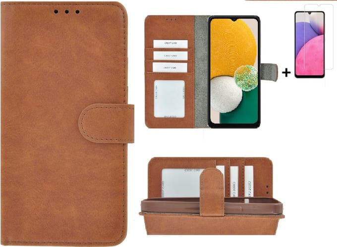 Geschikt voor Samsung Galaxy A05s Hoesje - Bookcase – A05s Screenprotector - Pu Leder Wallet Book Case Bruin Cover + Screenprotector