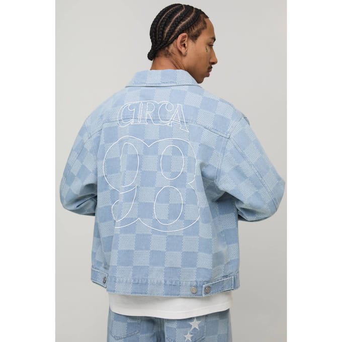 Regular Fit Checkerboard Jacquard Embroidered Denim Jacket | Light Blue | Size Medium